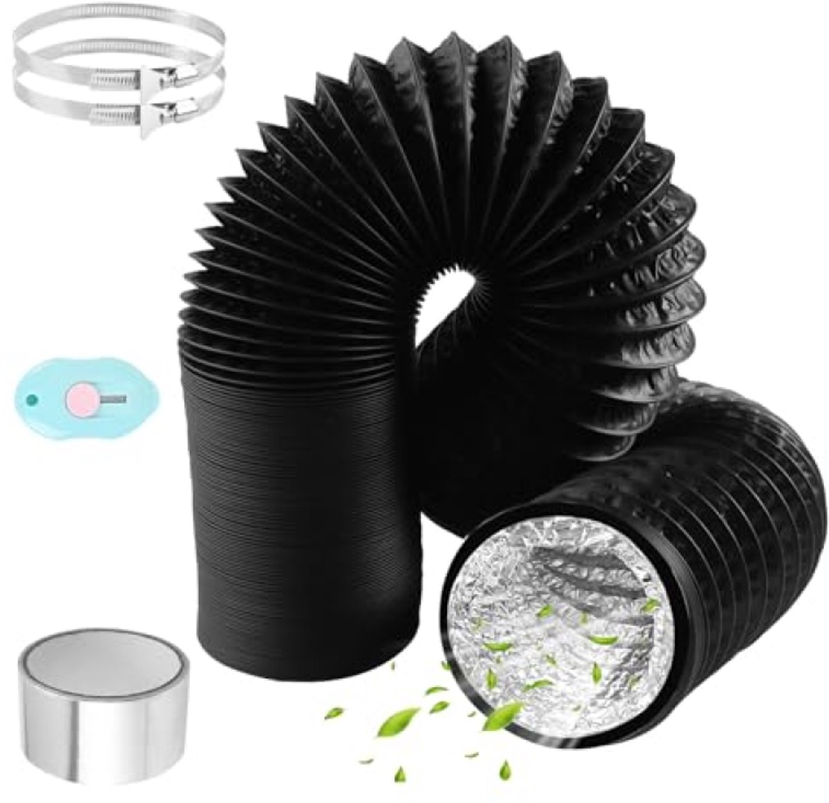 PromoHome Afvoerslang 125mm diameter 6m PVC Flexibele Aluminium Pijpslang met 2 RVS Slangklemmen en Aluminiumfolie Tape voor Airconditioners Wasdroger Afzuigkap - Zwart