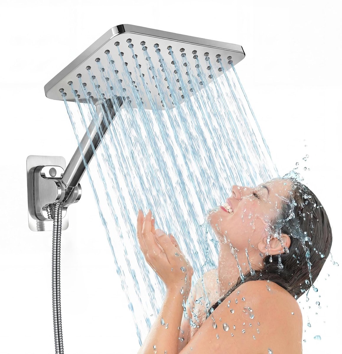SnelShoppen - Grote hogedruk handdouche 25 cm, verchroomd regendouche, vierkant ontwerp voor volwaardig lichaamssprays, luxe badkameraccessoire
