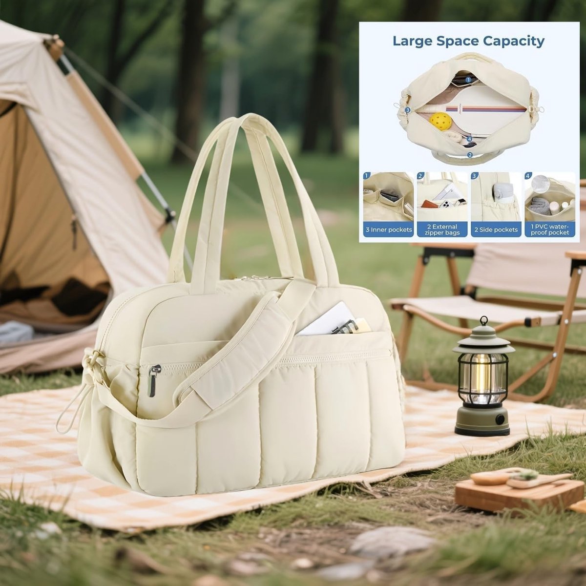SnelShoppen - VOKUVIKU Sporttas Dames - Grote Waterdichte Fitnesstas met Kersenhanger - Beige Weekend Reistas voor Gym, Zwemmen en Reizen - 19x42x30 c