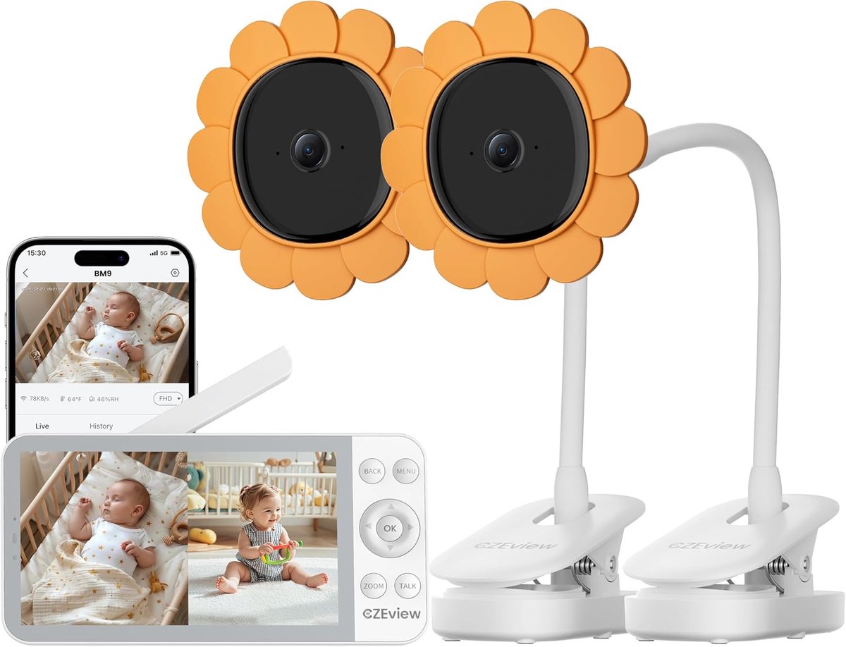 SnelShoppen - CZEview Babyfoon met 2 Camera's, 5,5 Inch Video Babymonitor, Nachtzicht, 2-Weg Audio, Bewegingsmelder, Mobiele App, Split-Scherm Babyfoo