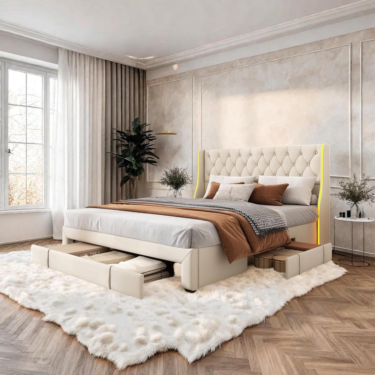 Upholstered Bed - Velvet Bed - Opbergen Slaapkamer - Met LED Verlichting - 160x200 cm - Beige