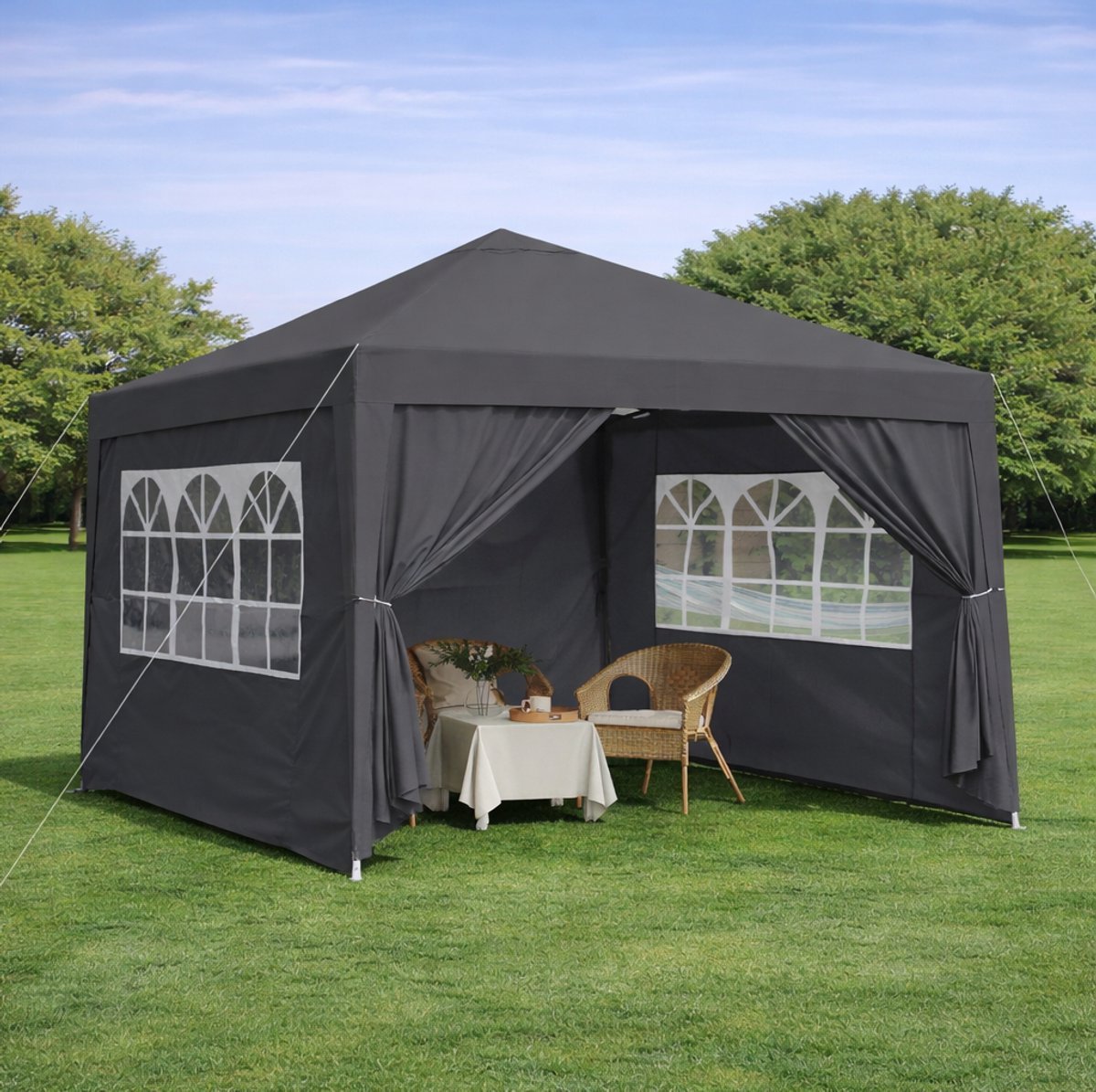 HAUSS SPOLE Partytent – 3 x 3 m – Opvouwbaar – Staal – Zwart – Met 4 Zijwanden En 4 Zandzakken – Waterdicht En UV-Bescherming 50+