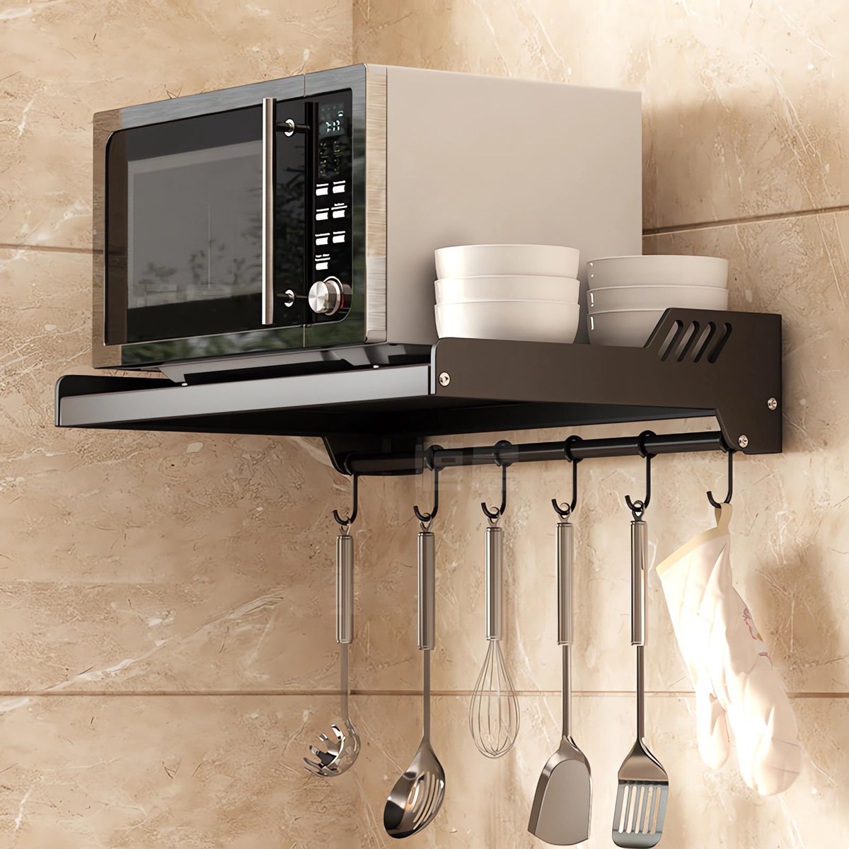 SnelShoppen - Magnetronrek Muur voor Keuken - Roestvrij Staal Zwart - Muur Magnetronhouder met 6 Haken - Kleefmontage of Boormontage