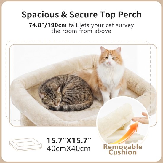 SnelShoppen - Heybly Kattenboom 190 cm XXL Krabpaal voor Grote Katten, Stabiele Hoge Krabpaal met Groot Ligplatform, 2 Kattenholen, Hangende Hangmat,
