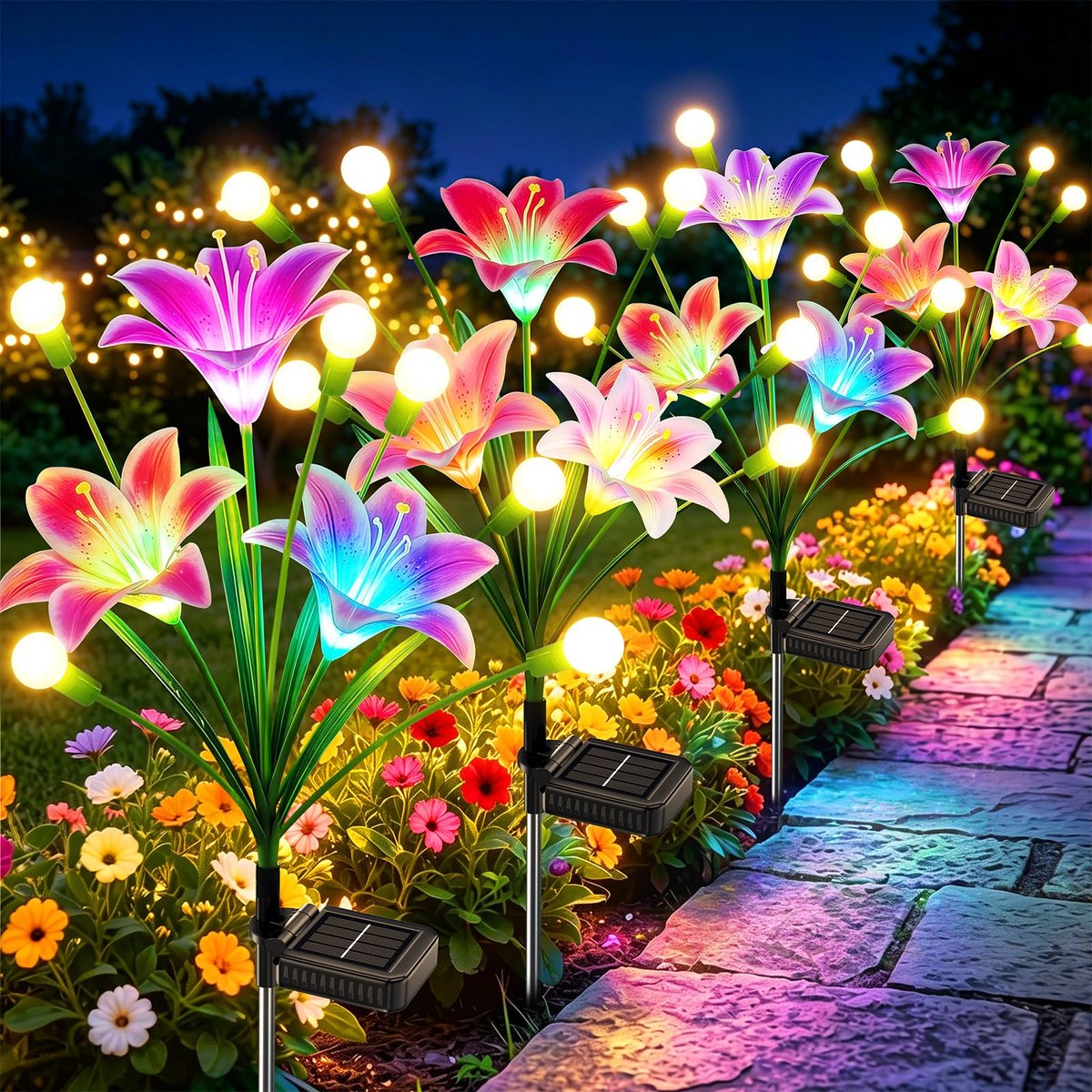 SnelShoppen - Firefly Zonnelampen voor Buiten, Tuinverlichting met 36 LED's, Warmwitte Gloeiwormen en Gekleurde Lelie-Bloemen, Set van 4 Stuks, Ideaal