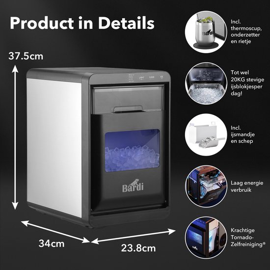 Bardi 1,8L Deluxe IJsblokjesmachine - Crushed ICE machine - Nugget IJsblokjesmachine - LED Verlichting - 20Kg/24 uur. inclusief Thermosbeker - RVS/ZWART met citruspers RVS van Bardi — afbeelding 4