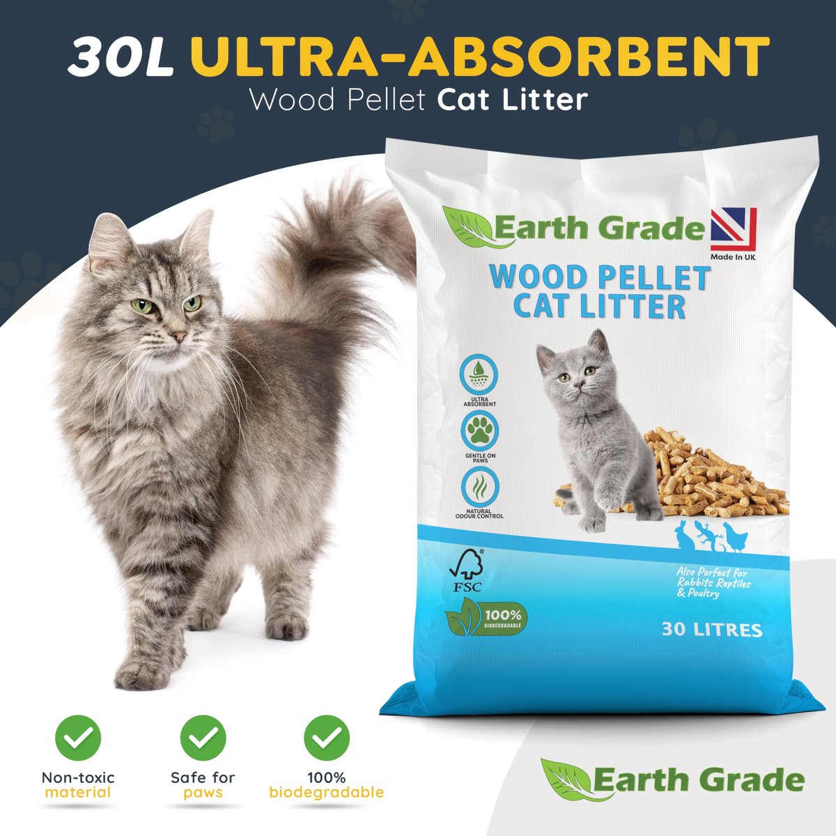 SnelShoppen - Earth Grade 30L Premium Houten Kattenbakvulling - Biologisch Afbreekbare Naaldhout Pellets - Niet Klonterend, Ultra Absorberend, Geurcon