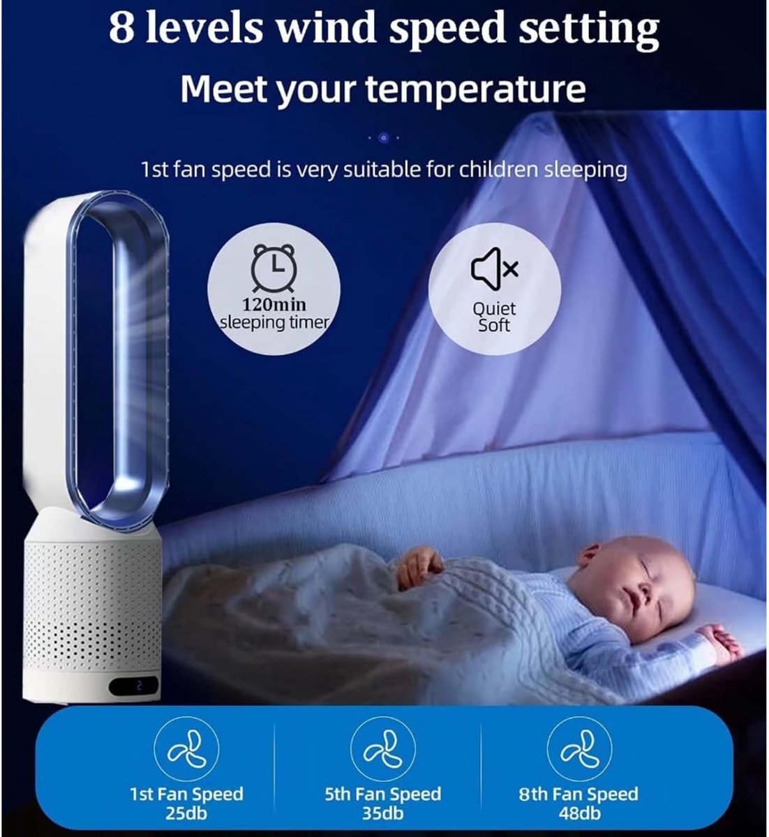 Bladloze Torenventilator - Staande Ventilator Zuiveraar - Frisse Lucht Creëren - Veilig Zonder Bladen - 58 cm - Blauw – foto 4