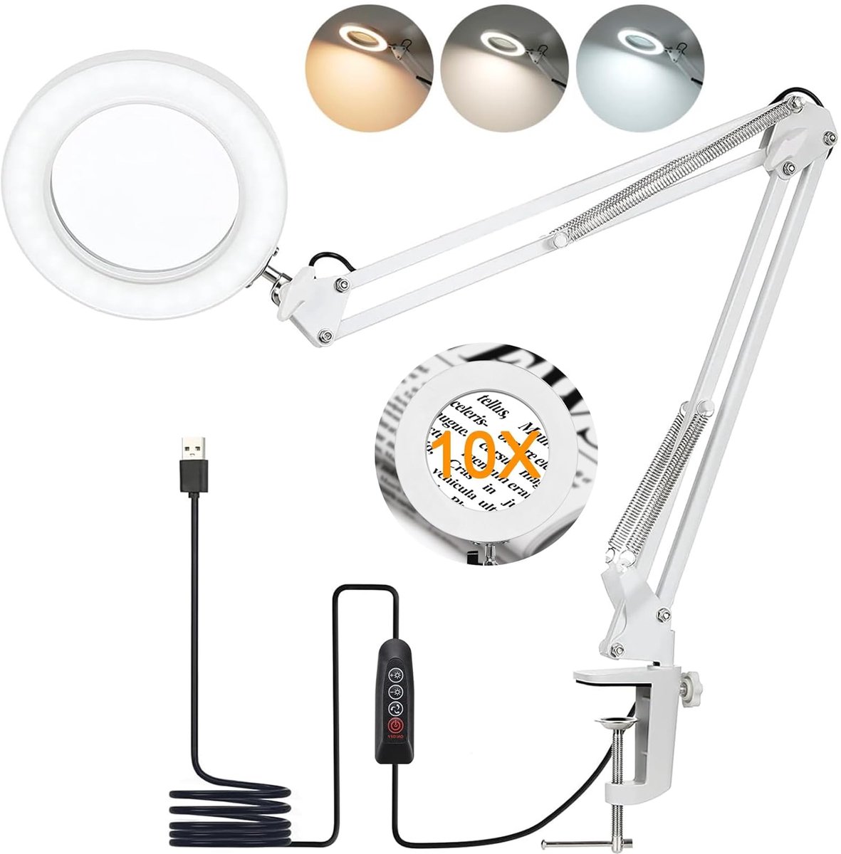 SnelShoppen - 10 x LED-loeplamp met klem, vergrootlamp met 72 LEDs, 3 kleurmodi, 10 helderheidsniveaus, dimbaar, flexibele zwenkarm voor lezen, naaien