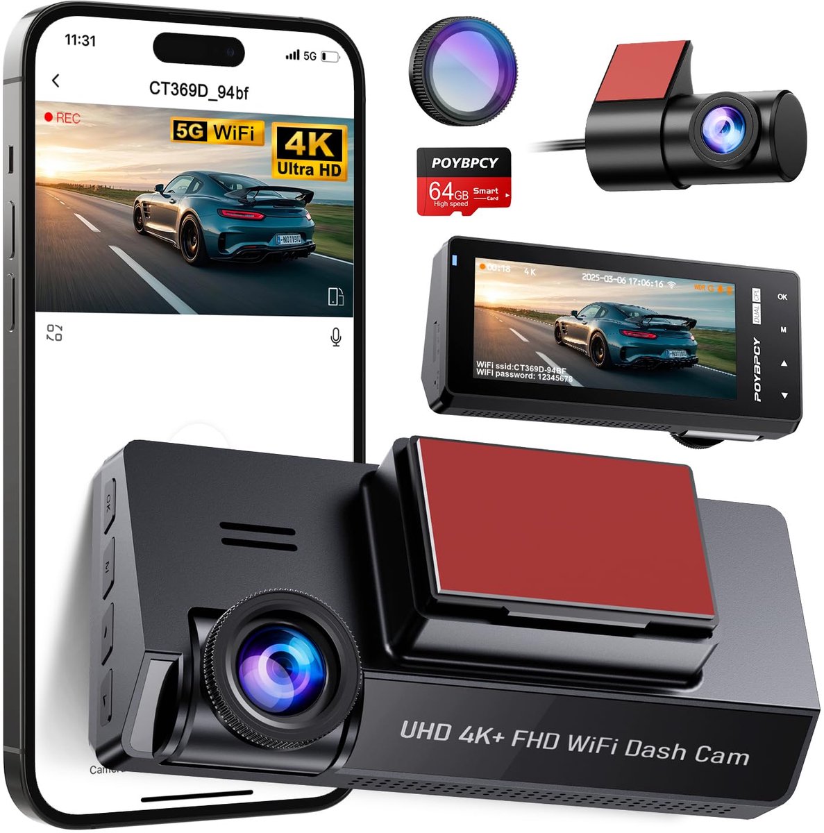 SnelShoppen - Dubbele Dashcam Voor en Achter, 4K Autocamera met Nachtzicht, 64 GB SD-kaart, 5G WiFi, 3,69'' IPS-scherm, 24-uurs Parkeermodus, WDR, Tot