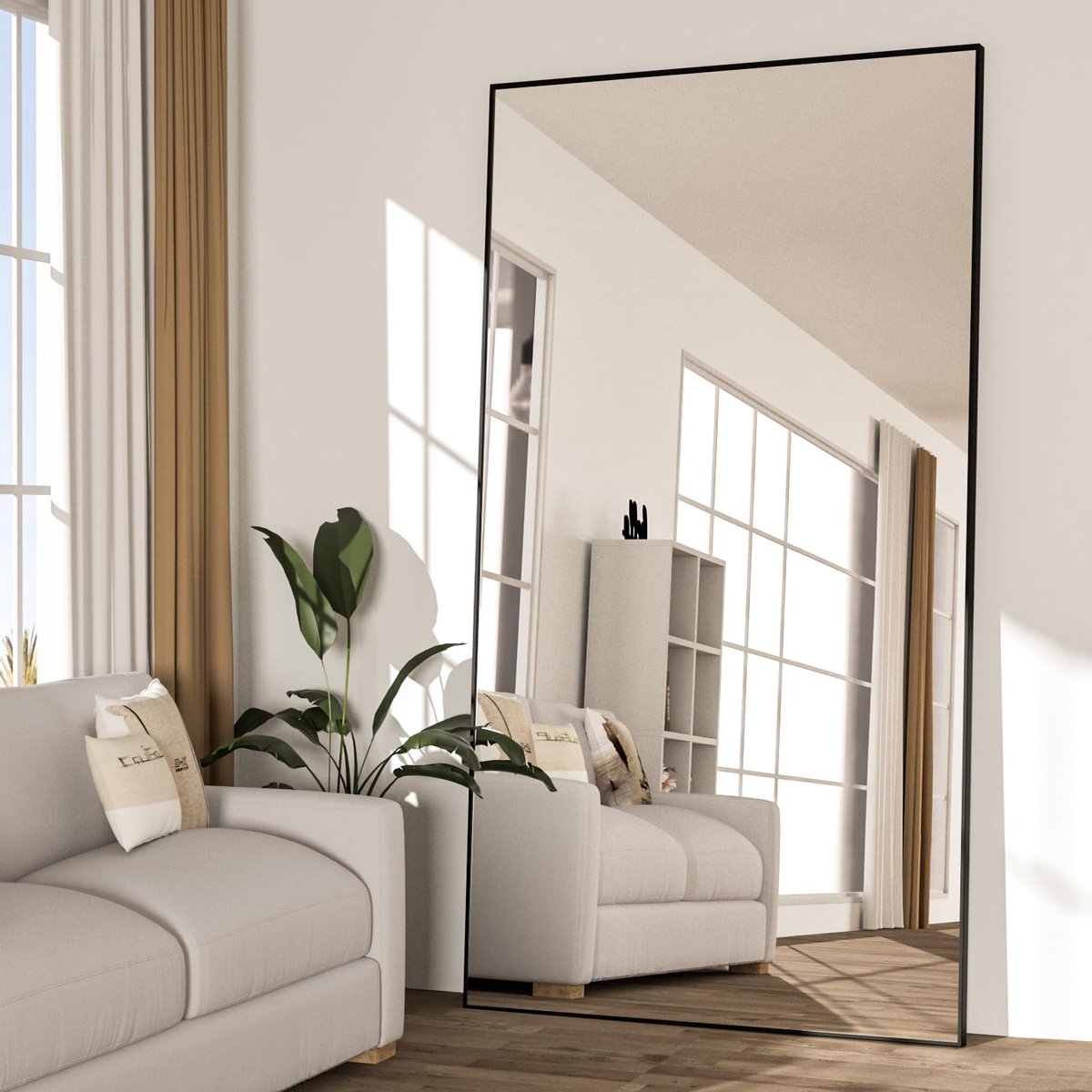 SnelShoppen - Staande Spiegel 198 x 96 cm - Full Body Vloerspiegel met Standaard - Grote Spiegel met Ronde Hoeken - Wandspiegel Staand of Hangend - Zw