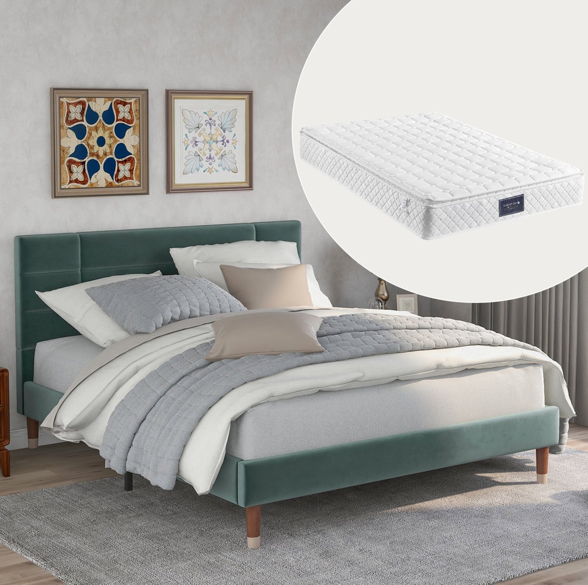 MODFU - Bed - Groen - Velours - Kopsteun - Tweepersoons - 140 X 200 Cm
