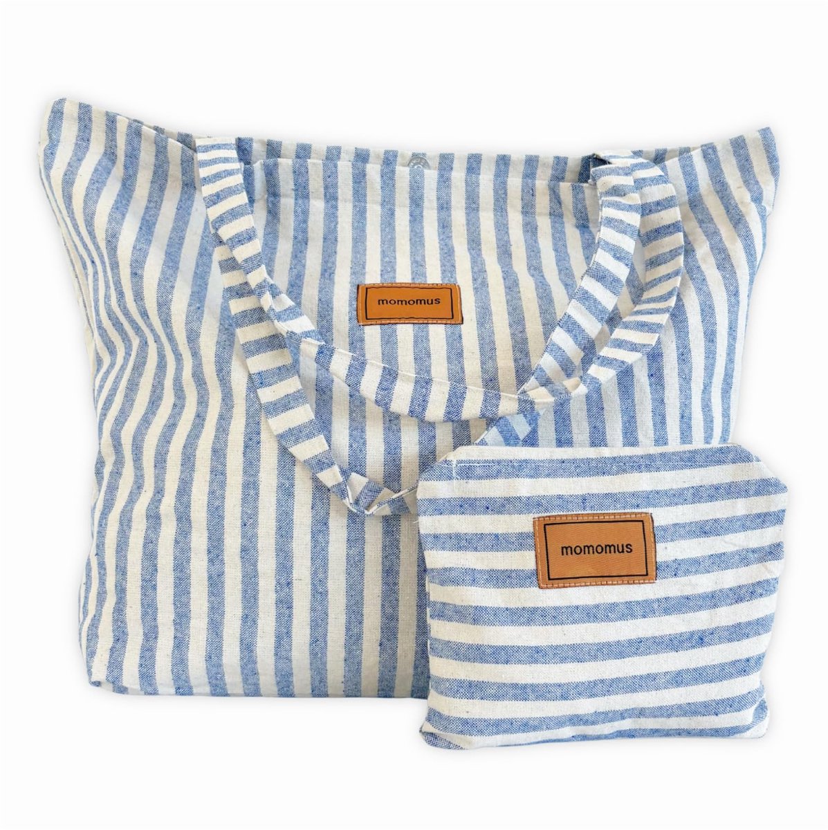 SnelShoppen - MOMOMUS Strandtas XXL - 100% Gerecycled Katoen, Grote Strandtas Dames, Inclusief Handtas, Opvouwbaar, Blauw, 60x40 cm, Perfect voor Zome