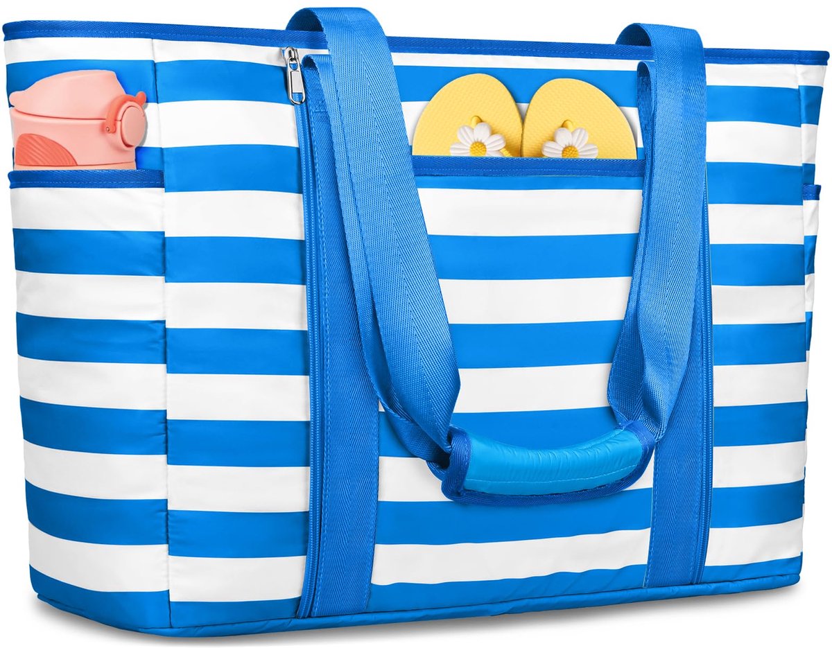 SnelShoppen - Grote waterdichte strandtas voor dames XXL 45L met ritssluiting, opvouwbare boodschappentas voor strand, zwembad, sportschool en vakanti