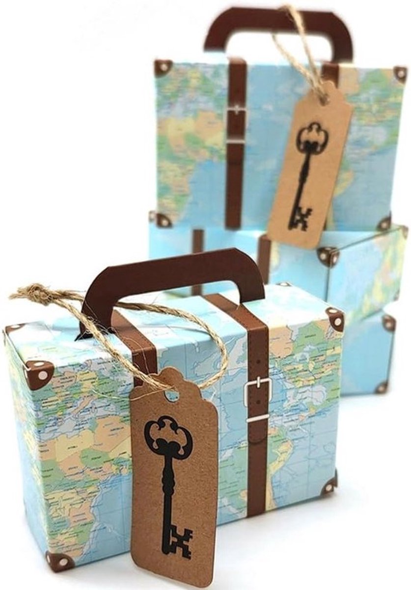 Mini-koffers Set van 50 stuks met Jute Touwen en Kraftpapieren Etiketten - DIY Geschenkdoosjes voor Gasten - Vintage Design