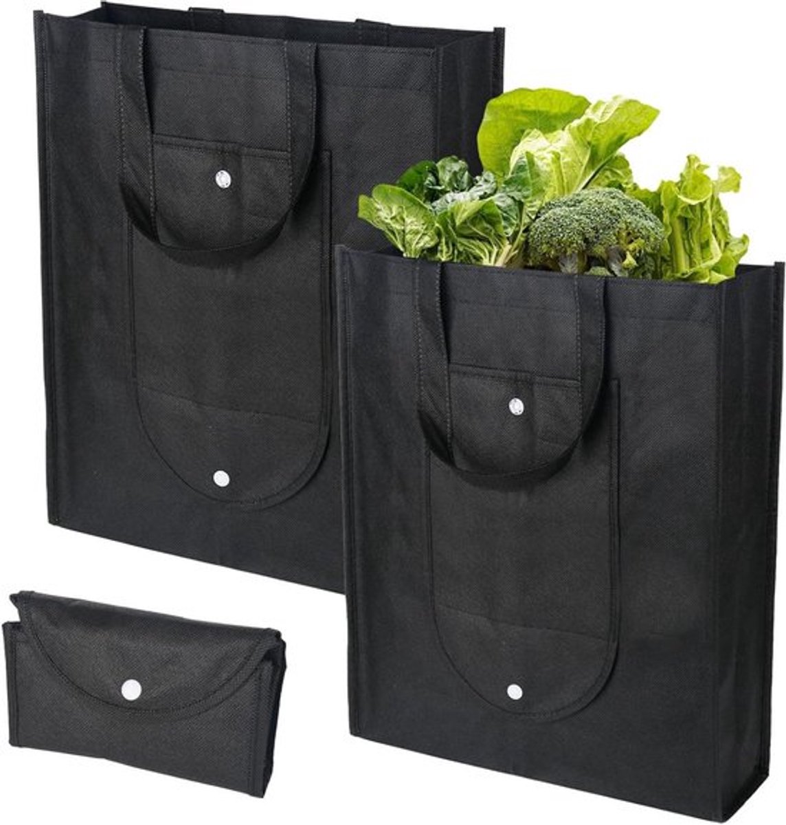 Opvouwbare boodschappentassen 2 stuks zwart - Herbruikbaar voor winkelen, vakantie en picknick 38 x 33,5 x 25,5 cm
