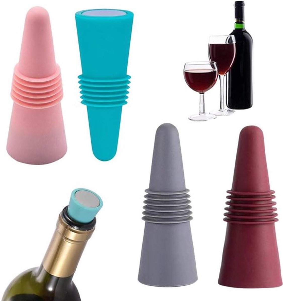 Herbruikbare wijnsluitingen set voor wijnflessen - Siliconen kurkgreep - Vershouders - Bar accessoires.