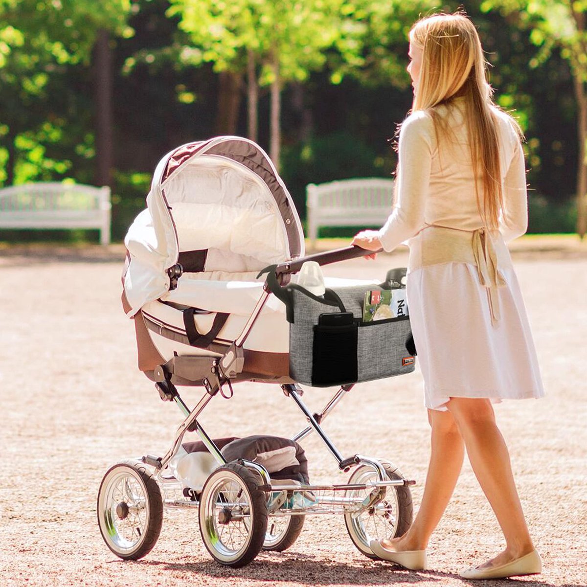 SnelShoppen - Kinderwagen Organizer Opbergtas voor Wandelwagen - Grote Capaciteit voor Babyaccessoires - 2 Diepe Bekerhouders - Schouderriem - Univers
