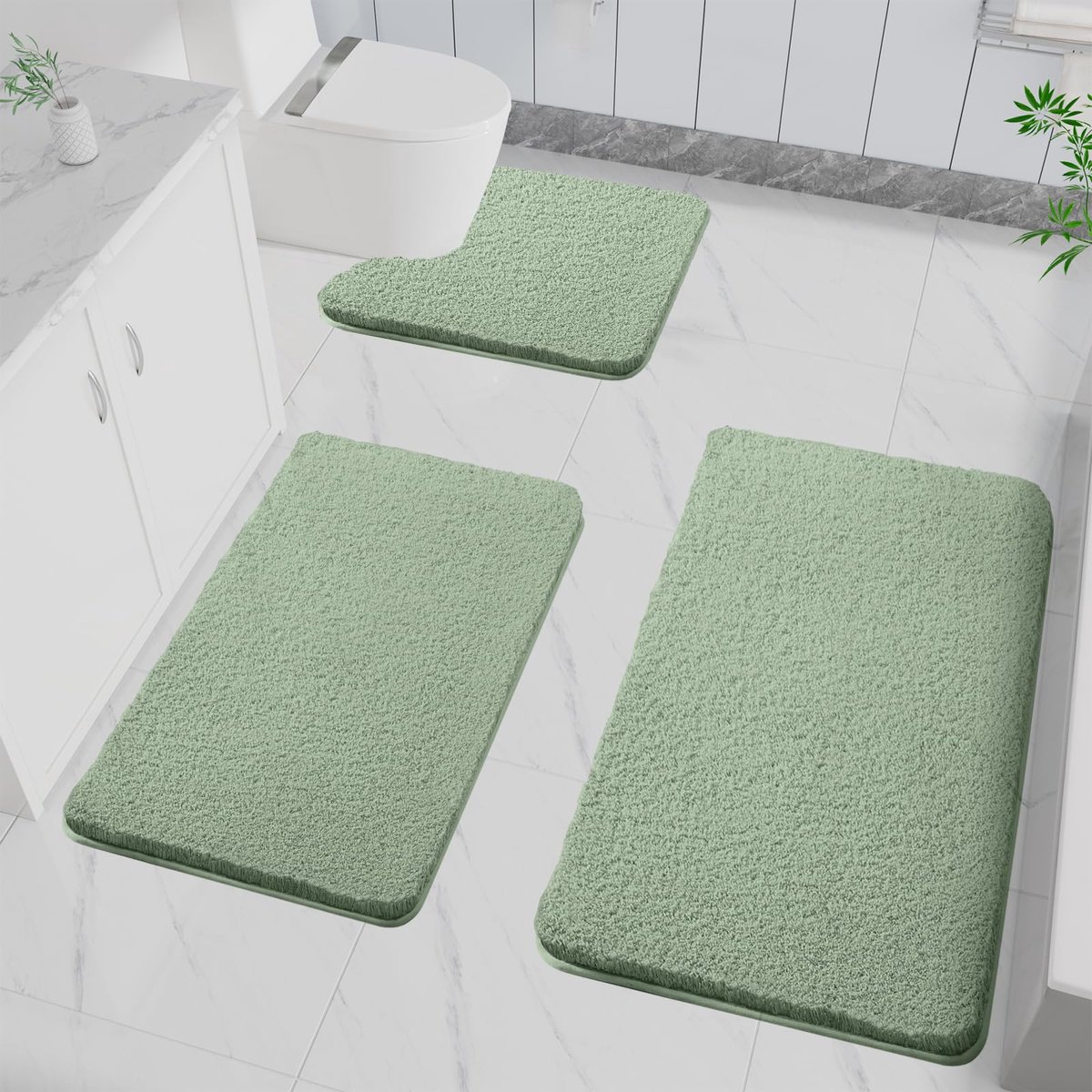 SnelShoppen - Badmat Antislip Zacht Waterabsorberend Hoogpolig Microvezelmat 3 Stuks Groen voor Badkuip Douche en Badkamer