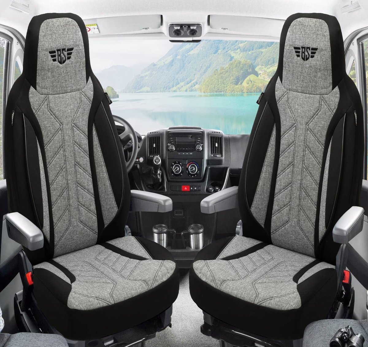 Premium Camper stoelhoezen voor Pössl D Line PLKT201 in Zwart/Grijs (2 losse stoelen)