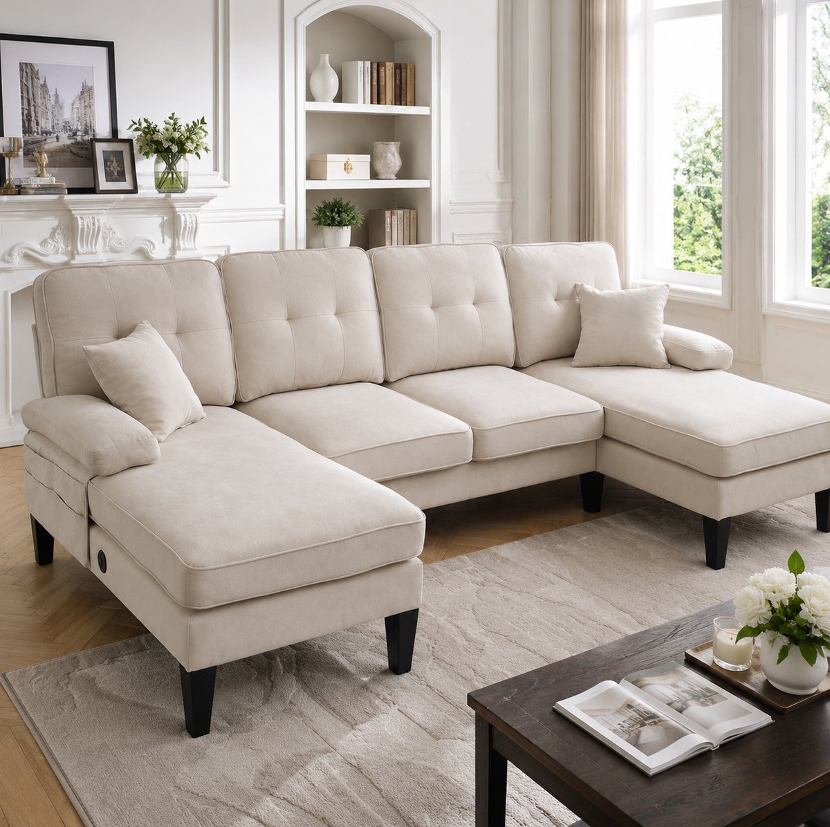 COVREO U-bank 250 x 130 x 88 cm - beige linnen, 4 zitplaatsen, met 2 chaise longues