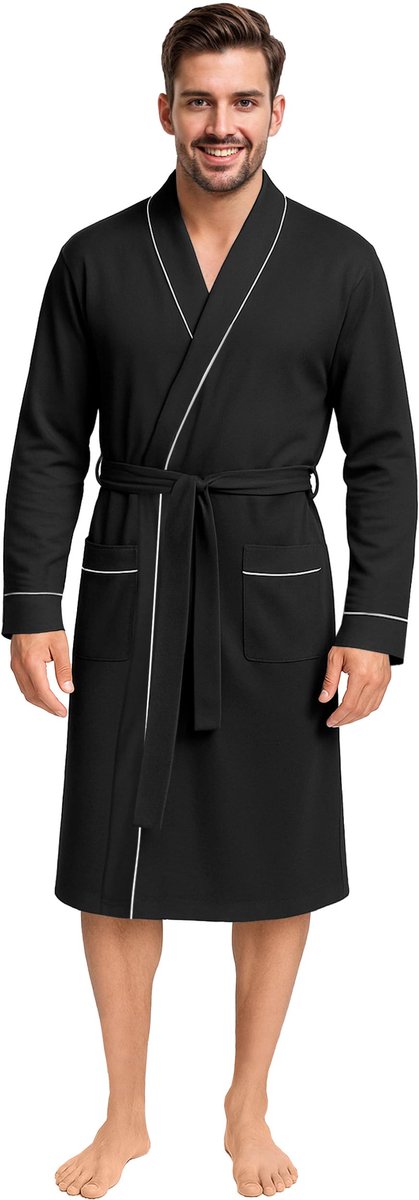SnelShoppen - Zwart Katoenen Badjas voor Mannen - XX-Large, Comfortabele Knitted Robe voor Thuis, Wellness, en Ontspanning