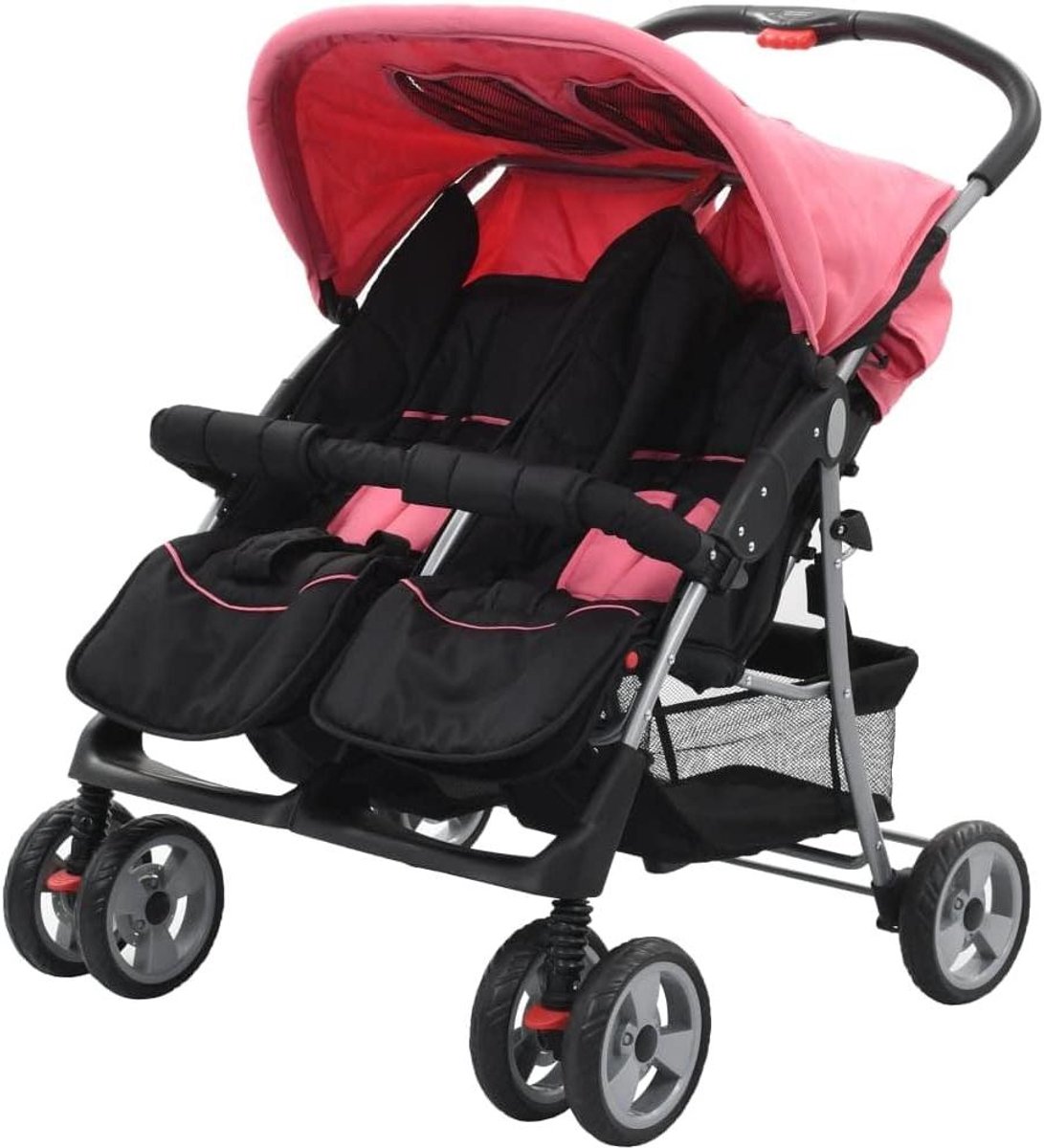 Dubbele Kinderwagen - Duowagen Baby - Wandelen met Kinderen - Verstelbare Rugleuning - Tot 15 kg - Roze