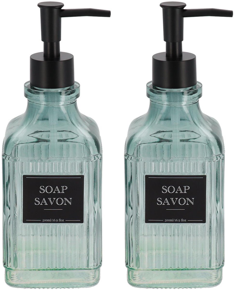 Tendance zeeppompje Paris - 2x - 500ml - blauw transparant - glas - H22 x D8 cm - zeepdispenser