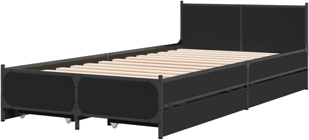 Bedframe met Lades - Eenpersoonsbed - Opbergen en Slapen - Verwerkt Hout - 75x190cm - Zwart