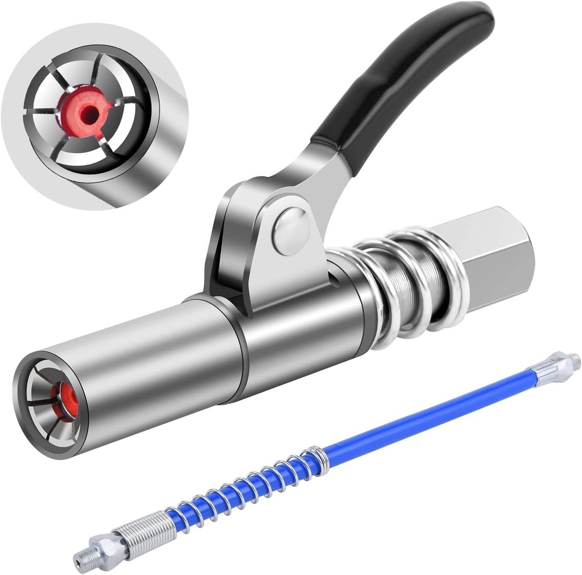 Vetpistool Connector, Enkele handgreep Vetspuitfitting met 30cm flexibele slang, Vetpistool 6-Lobbige Mondstuk en Pakking, G-vetpers mondstuk Vetpistoolkoppeling voor Alle Soorten Vetpers