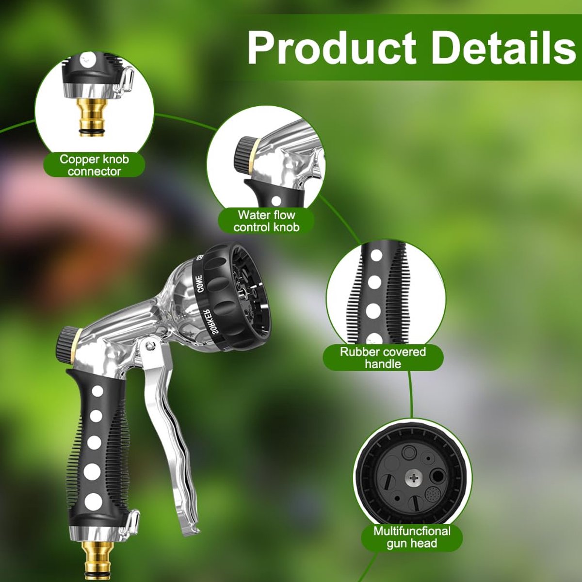 SnelShoppen - Tuinsproeier met 8 Sproeifuncties, Metalen Handdouche, Instelbare Waterstroom voor Tuin, Irrigatie, Autowassen en Reiniging