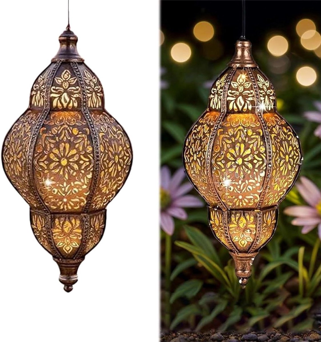 Marokkaanse Solar Lantaarn - Decoratieve Tuinlamp - Buiten Decoratie - Waterdicht RVS Metaal - Rond - Zilver