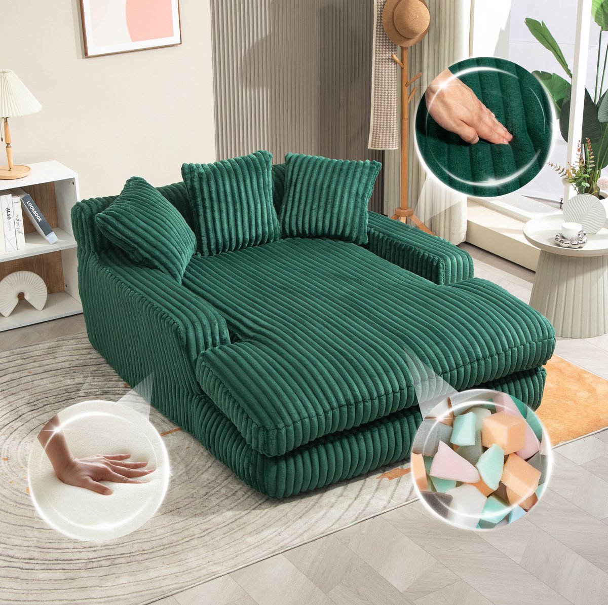 COVREO Chaise longue 125x155x63 cm - ribstof, smaragdgroen, 3 kussens en geen montage Emerald