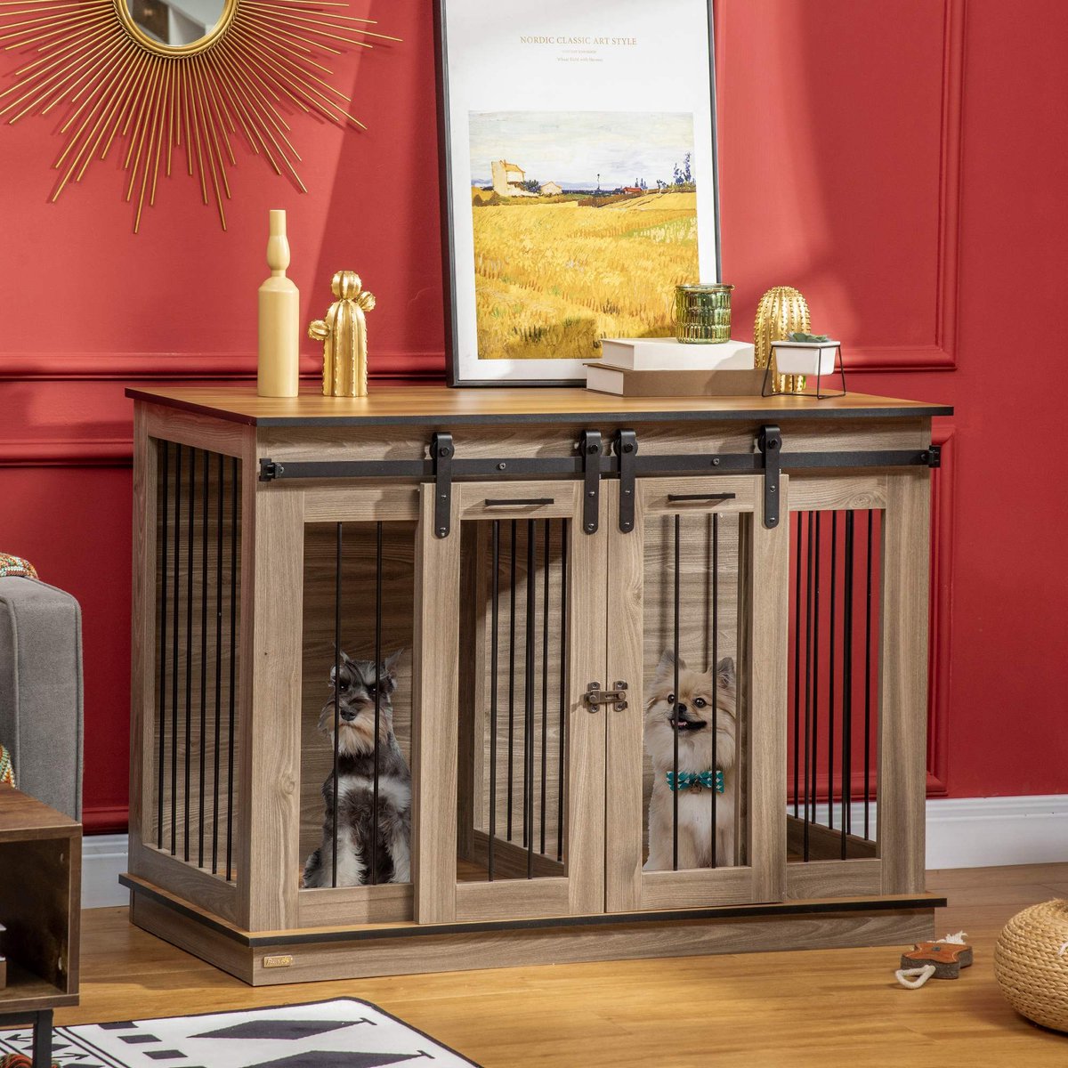 Wishdor Hondenbench 120 x 60 x 88,5 cm - 2 deuren - Voor middelgrote honden - Met scheidingspaneel - Hout en metaal - Eiken