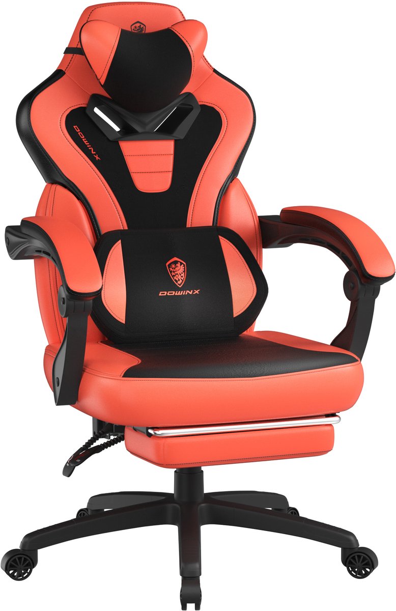Dowinx Gamingstoel met voetensteun - Ergonomische bureaustoel - Verstelbare rugleuning - Massagefunctie - Kunstleren gaming stoel 150 kg – Voor gamen en werken – 63x65x121 cm – Zwart en rood