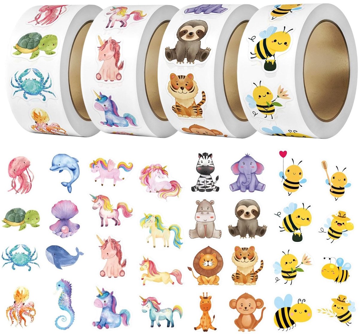 Dailygoods- Beloningsstickers 2000 Stuks - Dierenstickers - Motiverende Stickers - 4 Rollen - 32 Verschillende Cartoonstickers - 2,5 cm Groot