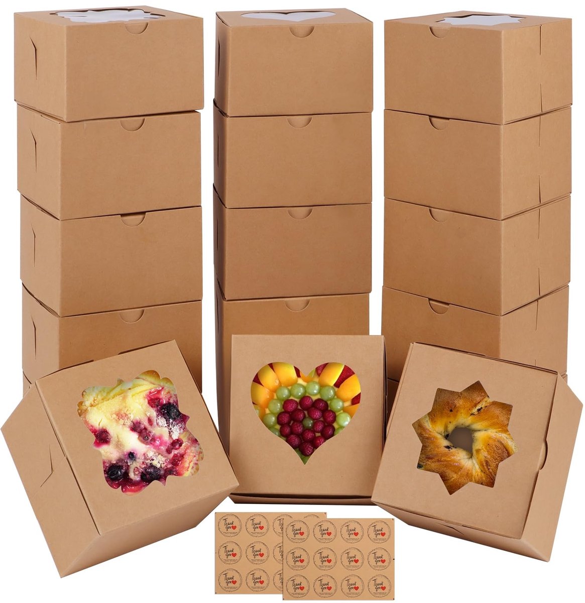 Dailygoods- Taartdoos Set van 18 - Bruin Papier - Vensterontwerp - 10 x 10 x 6,5 cm - Opvouwbaar - Inclusief 24 Stickers - Gebakdoos