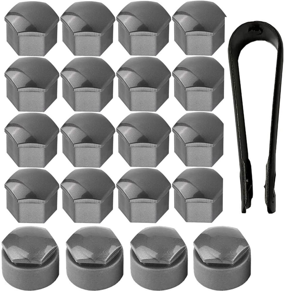 Dailygoods- Wielmoerdoppen 20 Stuks - 16 Wielboutdoppen - 4 Ronde Antidiefstal Doppen - 17 mm - Grijs - ABS-Kunststof