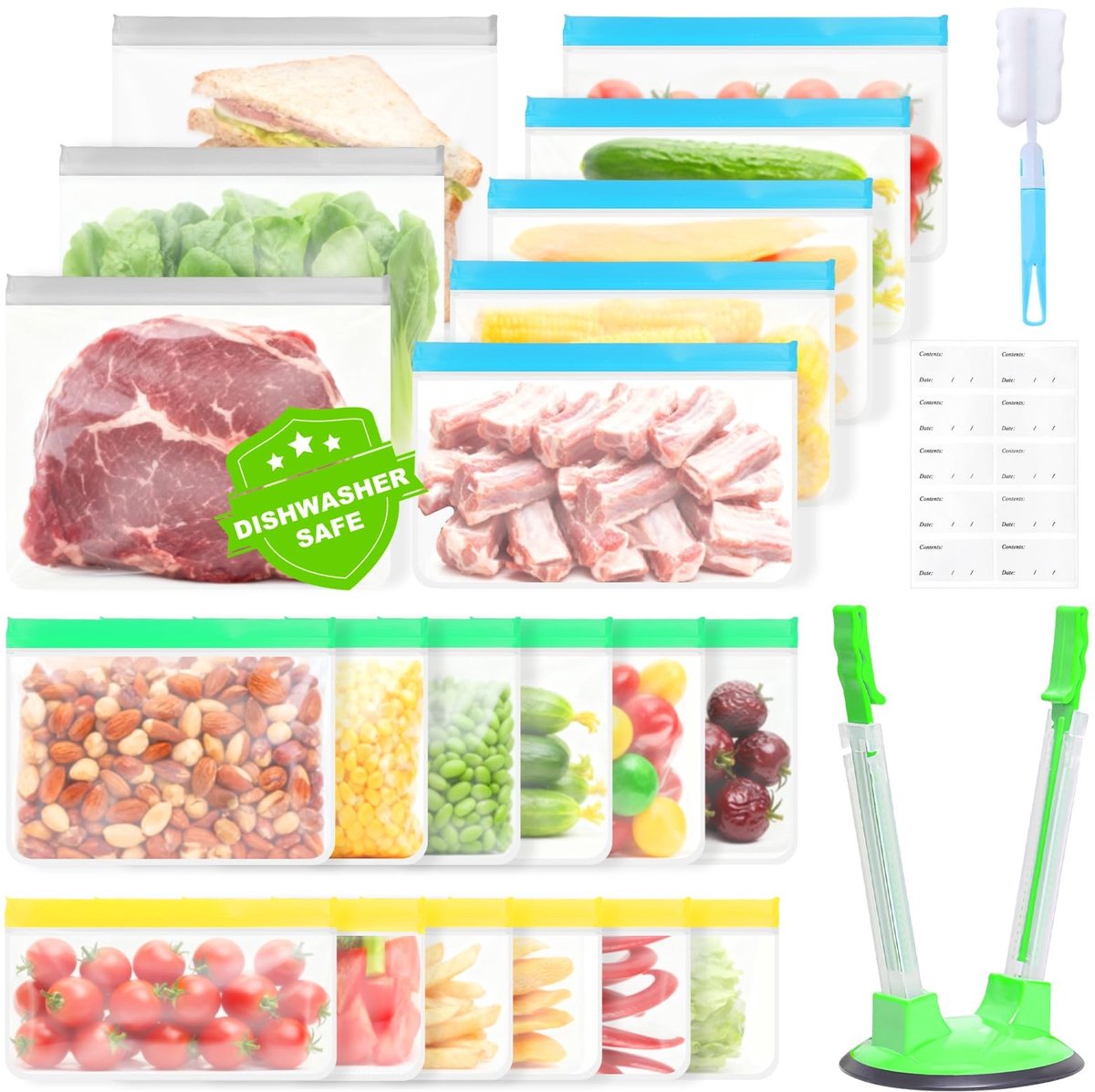 Dailygoods- Vrieszakken 20 Stuks Herbruikbaar - Opbergzakken met Rits - Luchtdicht - Geschikt voor Groenten/Sandwiches - BPA-vrij - 4 Maten (0.7-1.7 Liter)