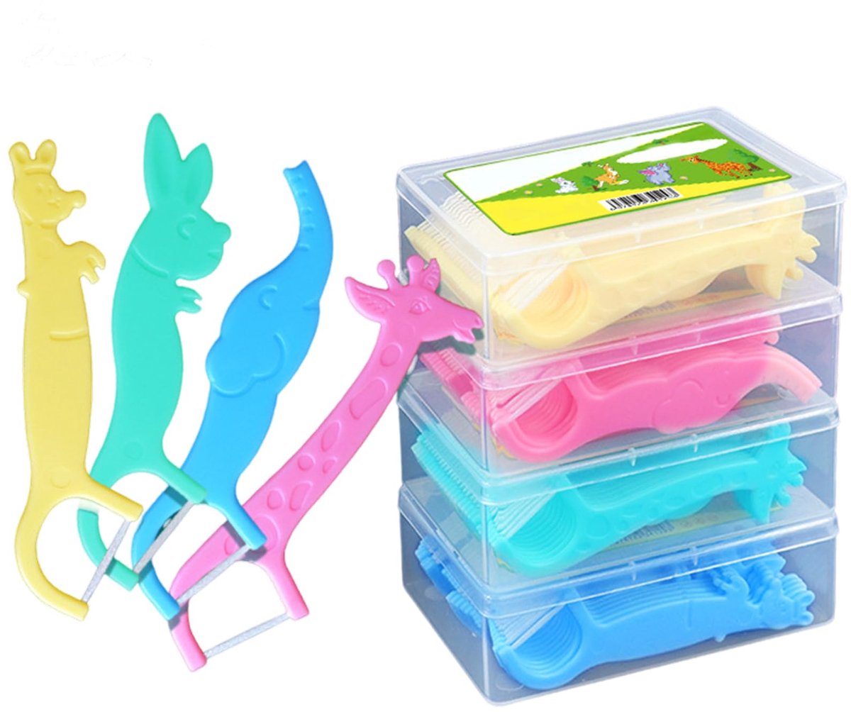 Dailygoods - Flosstips voor Kinderen - 80 Stuks in 4 Kleuren met Schattige Dierenvormen