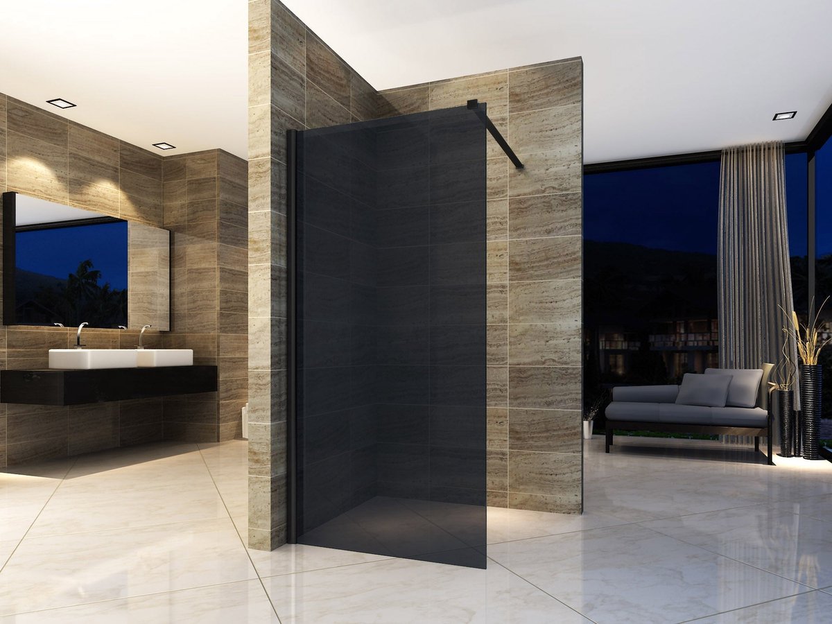 ILYA UMBRA Inloopdouche Douchewand 140x200 cm - Rookgrijs Veiligheidsglas 8 mm - Mat zwart Profiel - Antikalk