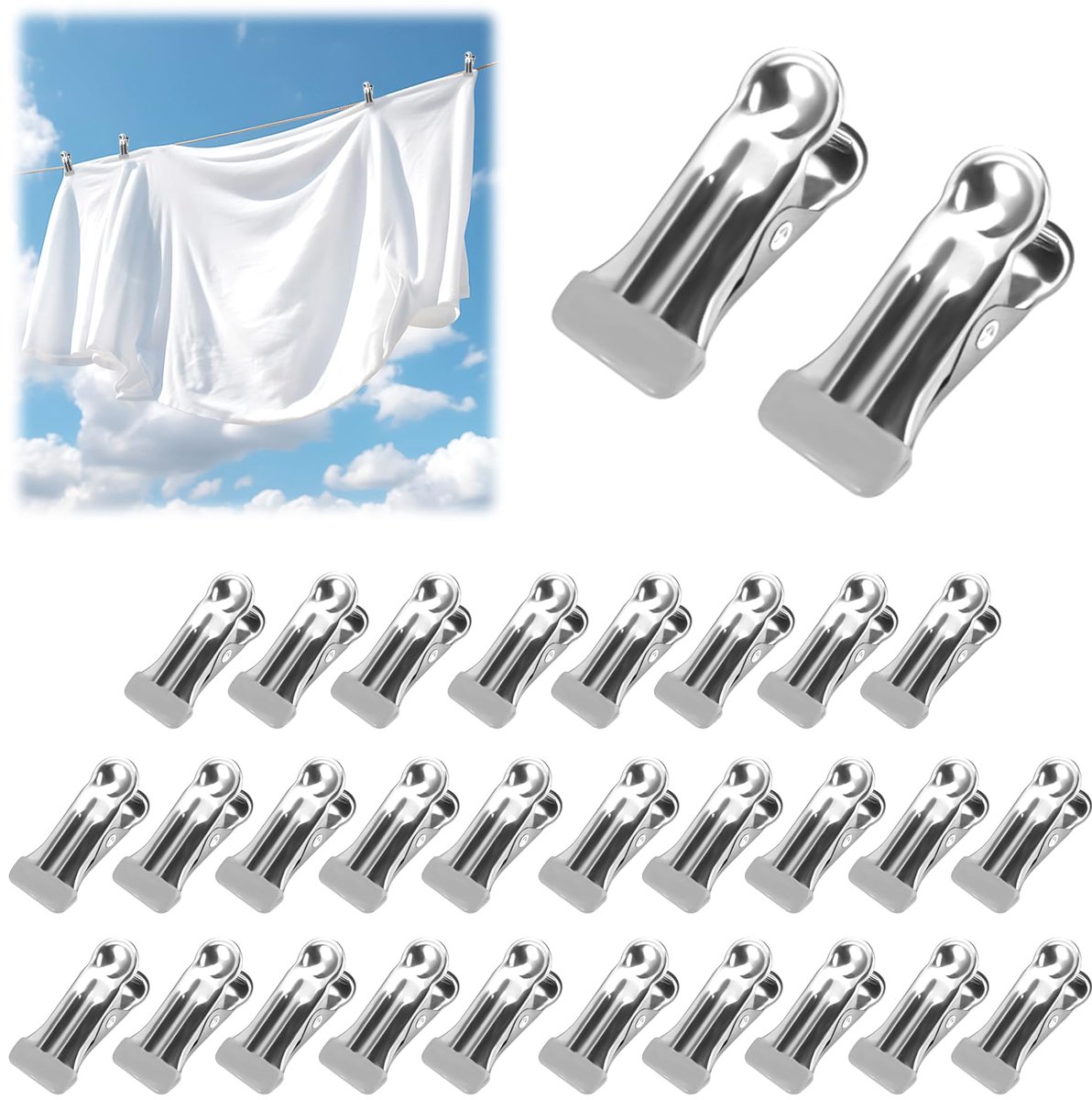 Dailygoods - 30 Stuks Roestvrij Stalen Wasknijpers - Multifunctioneel en Antislip