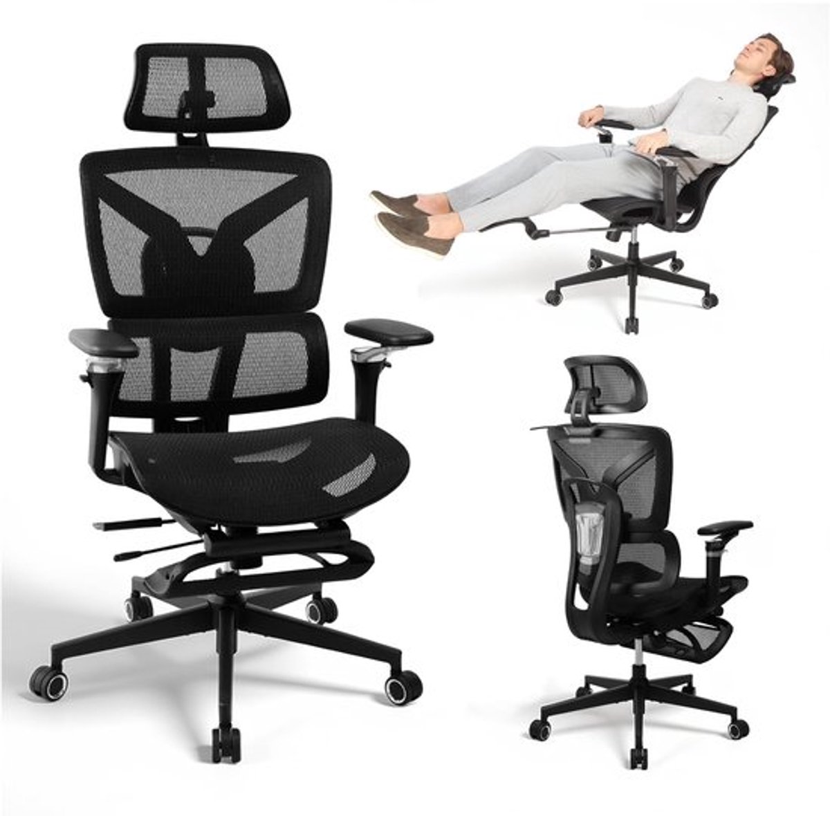 Bureaustoel Ergonomisch - Verstelbare Armleuningen - Voetsteun - Lendensteun - Draaistoel - Mesh Achterkant - 360° Draaibaar - Werkstoel