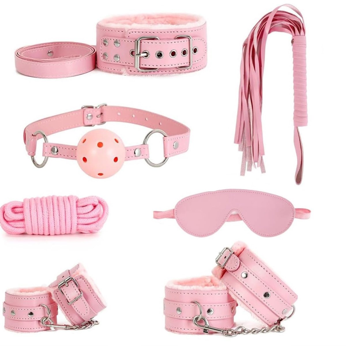 SnelShoppen - 7-Delige Klassieke Roze Lederen Fitness Set met Multifunctionele Training Whip en Lederen Kraag voor Volwassenen - Perfect voor Feesten