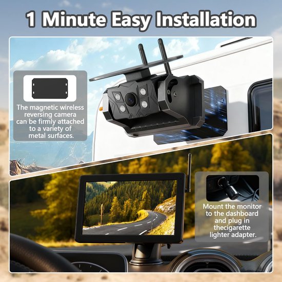 SnelShoppen - Draadloze Achteruitrijcamera op Zonne-energie met 7'' 1080P IPS Touchscreen Monitor, IP69 Waterdicht, 9600mAh Accu, Eenvoudige 1 Minuut — afbeelding 5