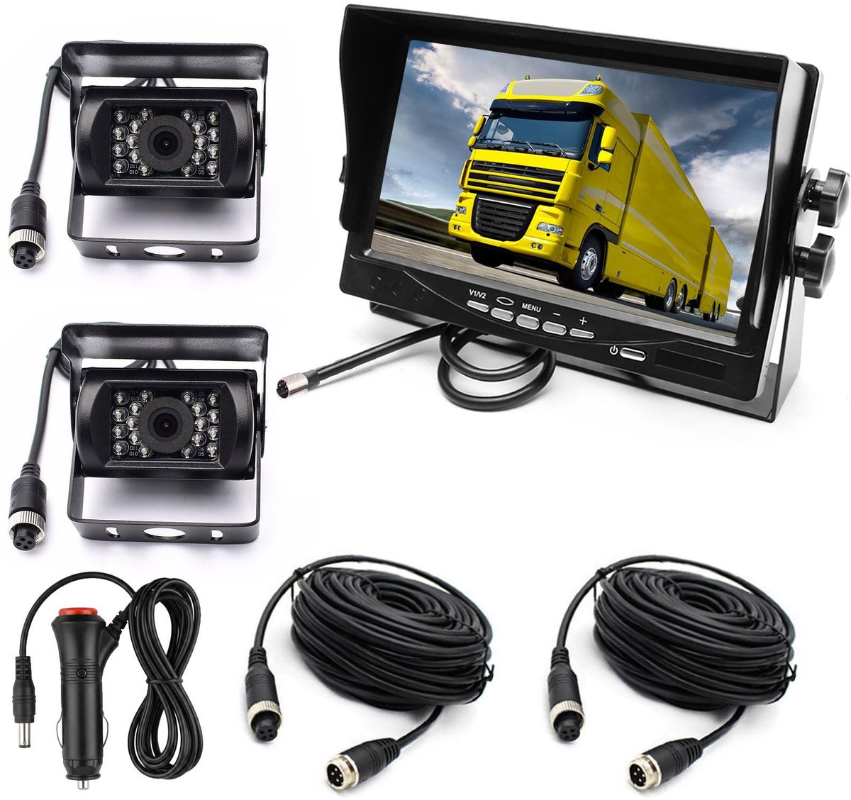 SnelShoppen - Achteruitrijcamera Kit met 4 Pin, 18 LEDs Nachtzicht, Waterdicht, 15M Luchtvaart Kabel, 12-24V 7" TFT LCD Monitor voor Truck, Bus, RV, T