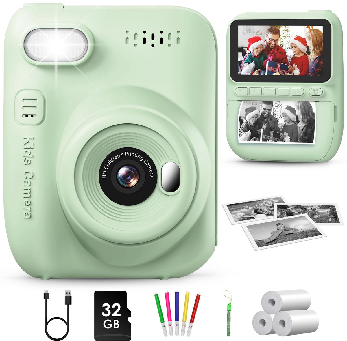 Dailygoods- Kindercamera 3,0" Groot Scherm - 1080P Digitale Camera - Inclusief 32GB Kaart - 3 Rollen Printpapier - Cadeau Speelgoed voor Kinderen - Geschikt voor 3-12 Jaar - Instantcamera