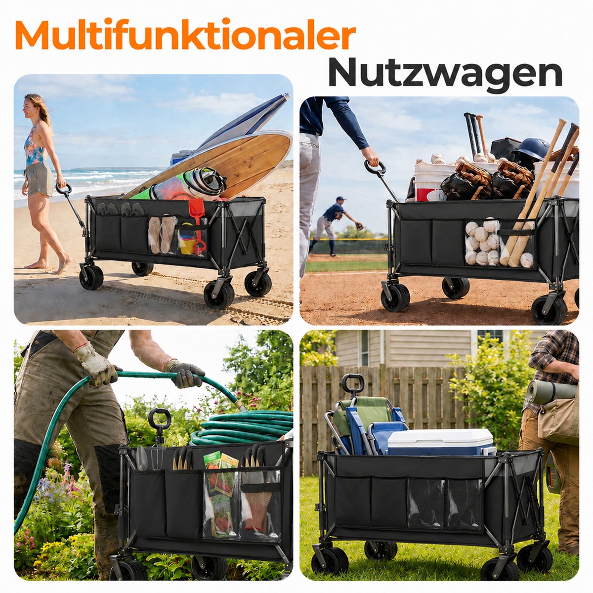 HAUSS SPOLE Tuinkar – 300 L Inhoud En Opvouwbaar – 120 X 57,5 X 44 Cm – Staal En 600D Oxford – Zwart En Grijs – Voor Strand En Tuin