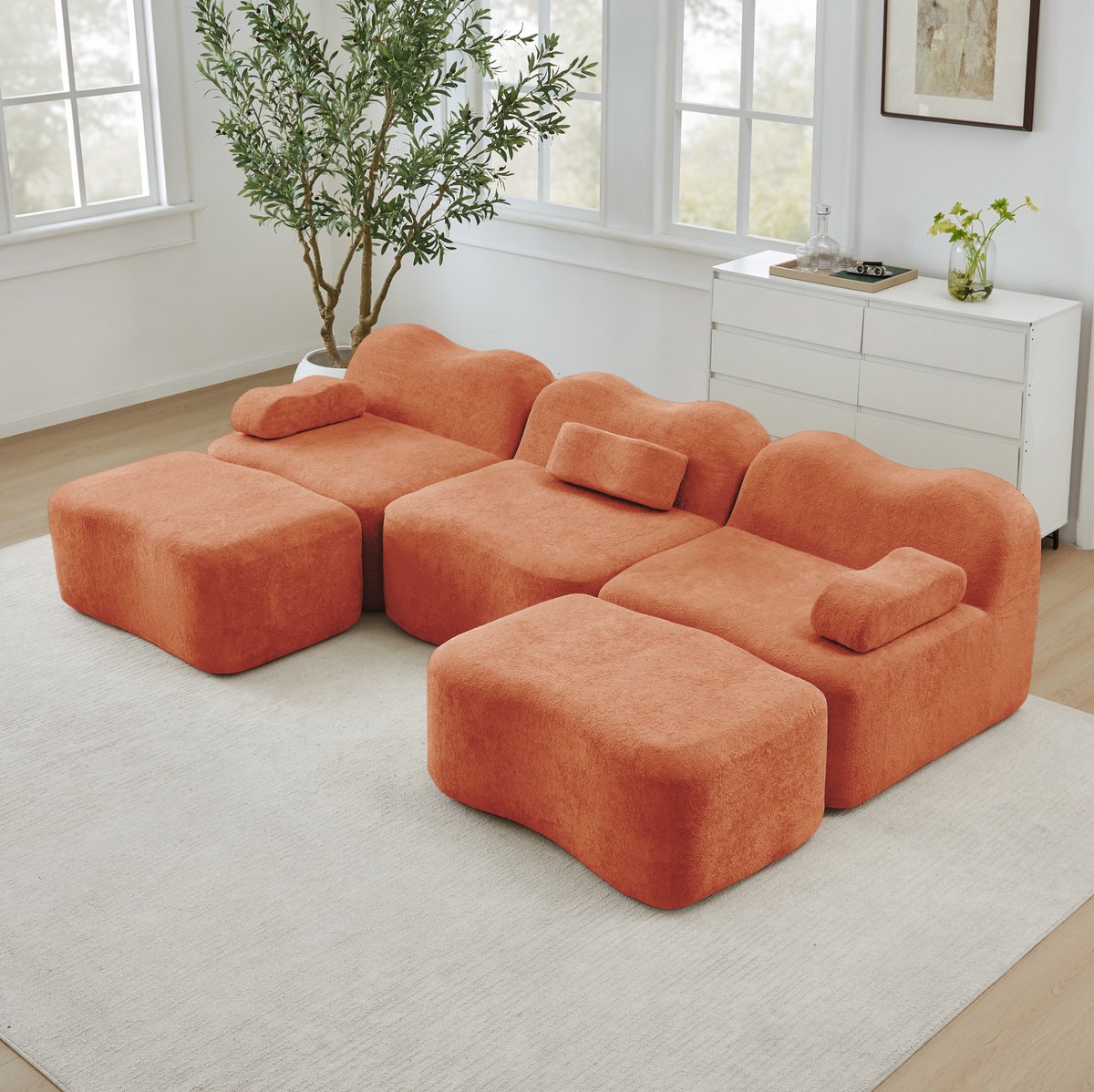 COVREO U-bank 288 x 167 x 70 cm – oranje velvet, 3-zits, met 2 hockers
