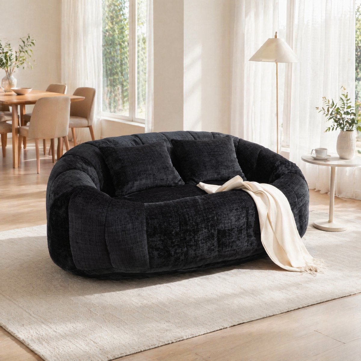 COVREO Zitzak 145 x 95 x 63 cm – zwart chenille, traagschuim, hoge rugleuning